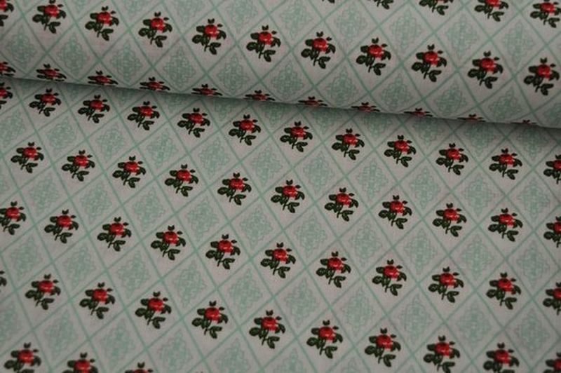 Baumwolle Popeline Rosen/Raute dunkelmint