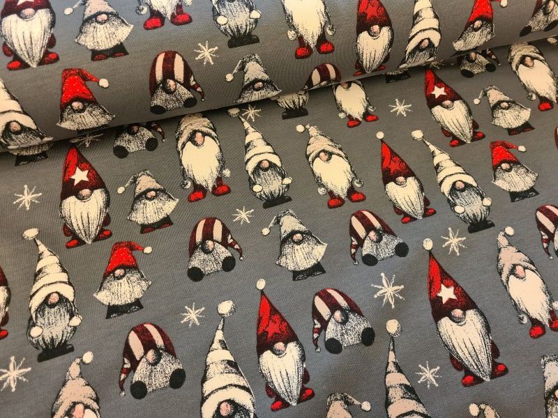 French Terry Weihnachten Zwerge Grau