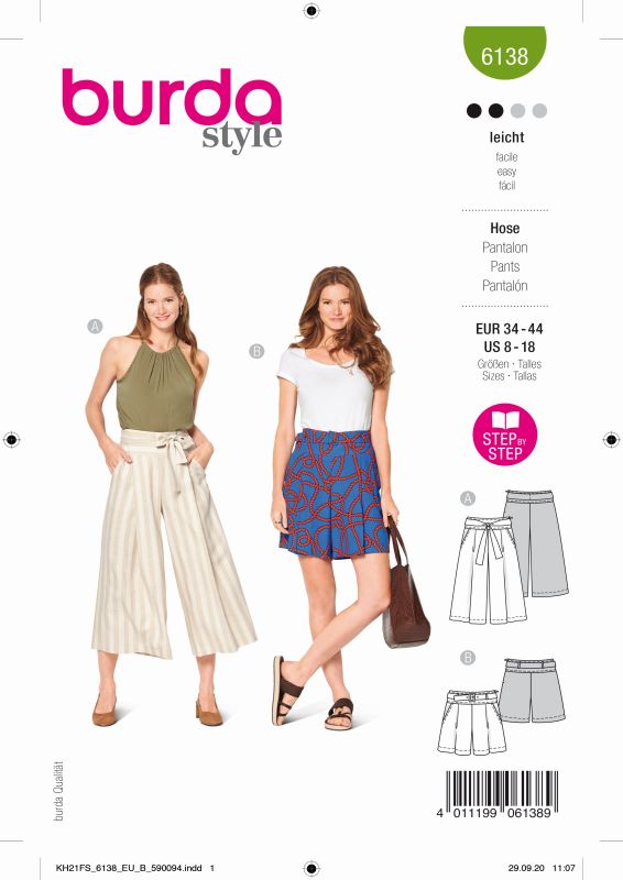 Schnittmuster Culotte, Hose Burda 6138