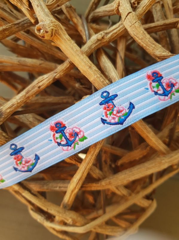 Webband mit Ankern und Blumen Hellblau