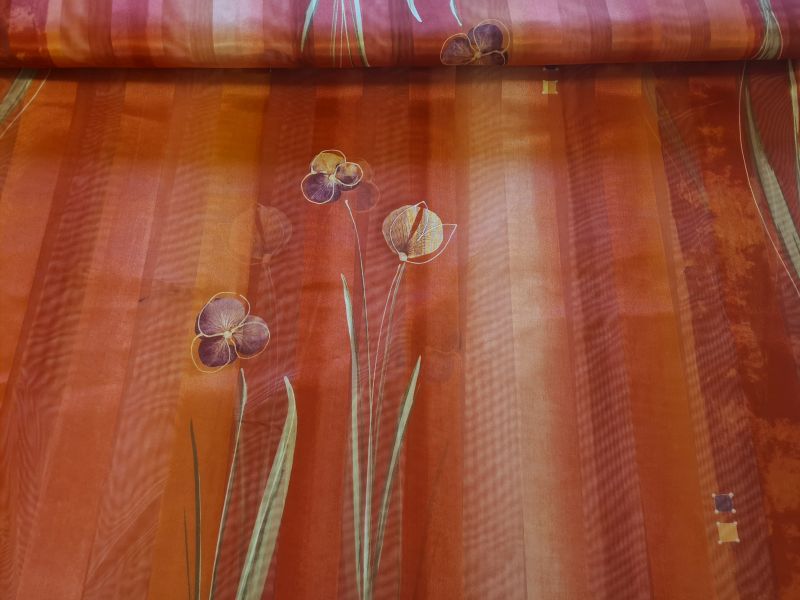 Gardinenstoff Chifon 12 Streifen Rot mit Blumen