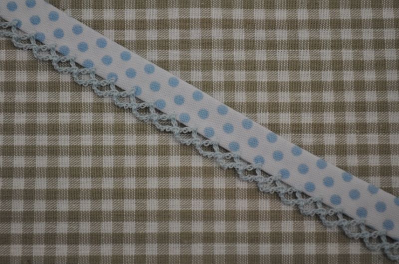 Schrägband Punkte mit Häkelborte weiß/hellblau