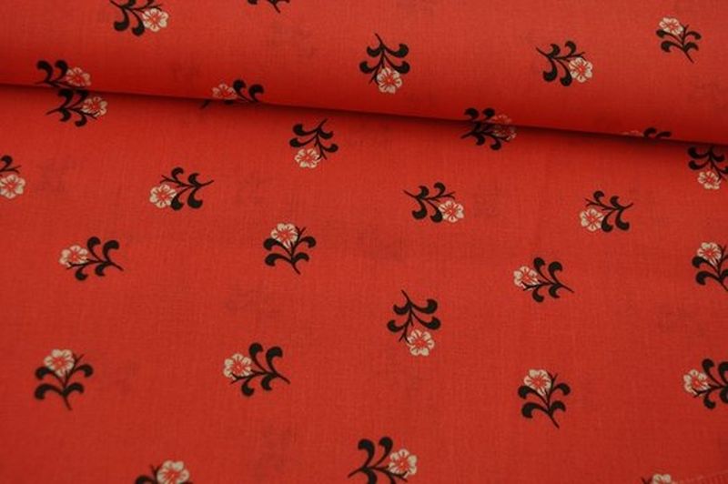 Baumwolle Popeline Single Blumen rot/schwarz