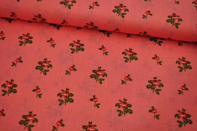 Baumwolle Popeline Single Rosen rosa/grün