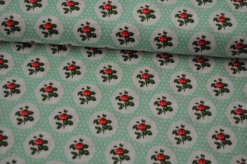 Baumwolle Popeline Rosen/Kreis dunkelmint