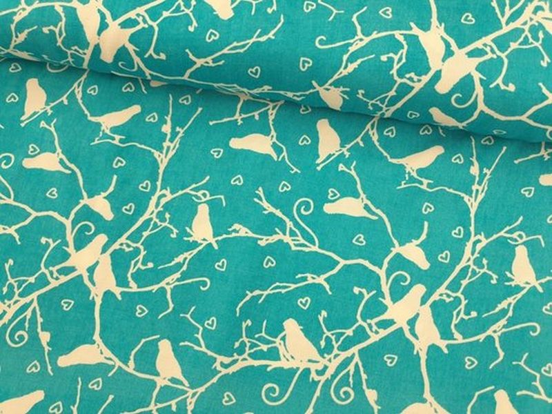 Viskose Blusenstoff Vögel aqua