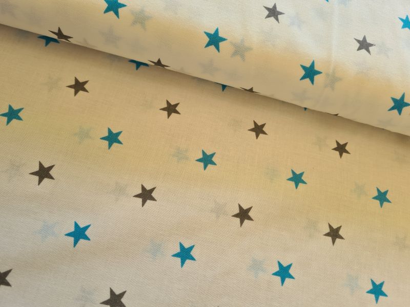 Baumwolle Leinenoptik Sterne Weiß/Türkis/Grau 