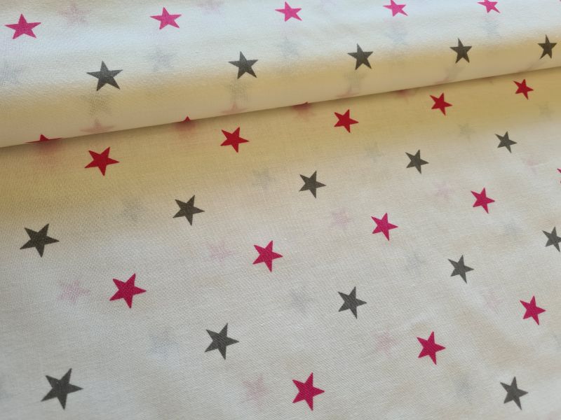 Baumwolle Leinenoptik Sterne Weiß/Pink/Grau 