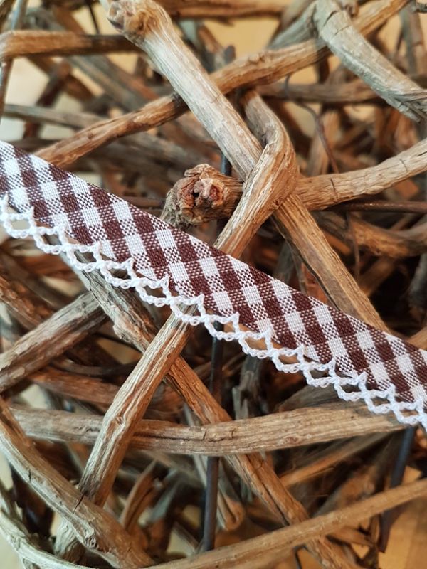 Schrägband vichy karo mit Häkelborte braun