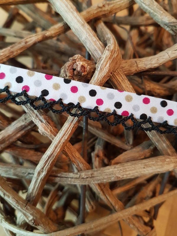 Schrägband bunte Punkte mit Häkelborte schwarz