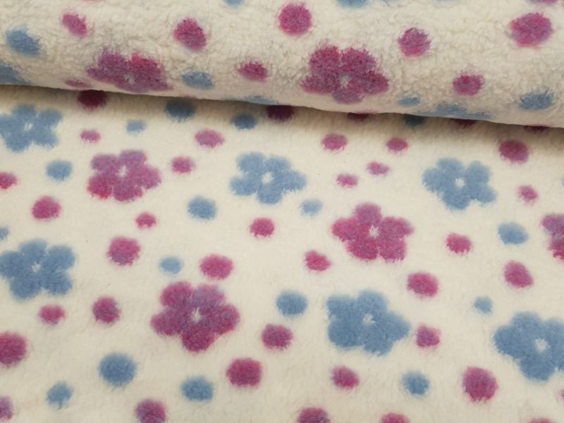 Baumwolle/Woll Teddy Blumen wollweiß/blau/lila