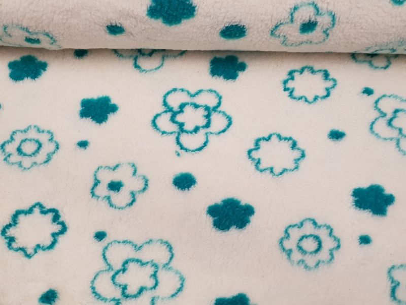 Baumwolle/Woll Teddy Blumen wollweiß/türkis