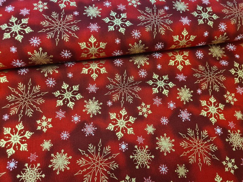 Baumwolle Weihnachten Schneeflocken Rot/Gold