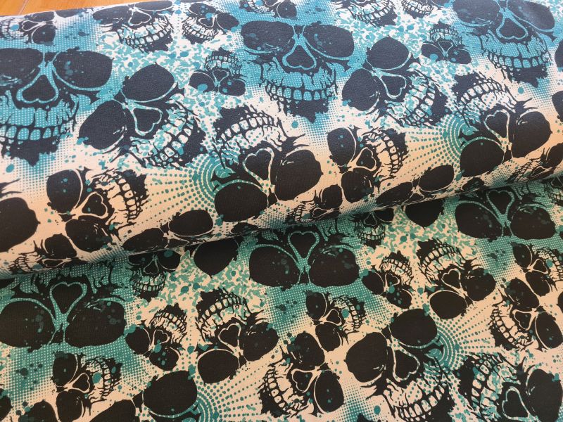 French Terry Sweat Swafing "Montreal" Totenköpfe Petrol