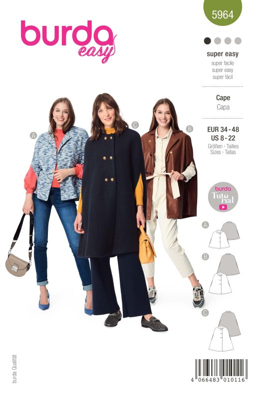 Schnittmuster Cape – mit Ärmelschlitzen und kleinem Kragen Burda 5964