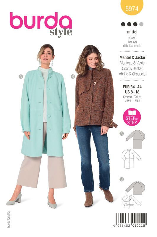 Schnittmuster Jacke & Mantel mit Raglanärmeln und Stehkragen Burda 5974