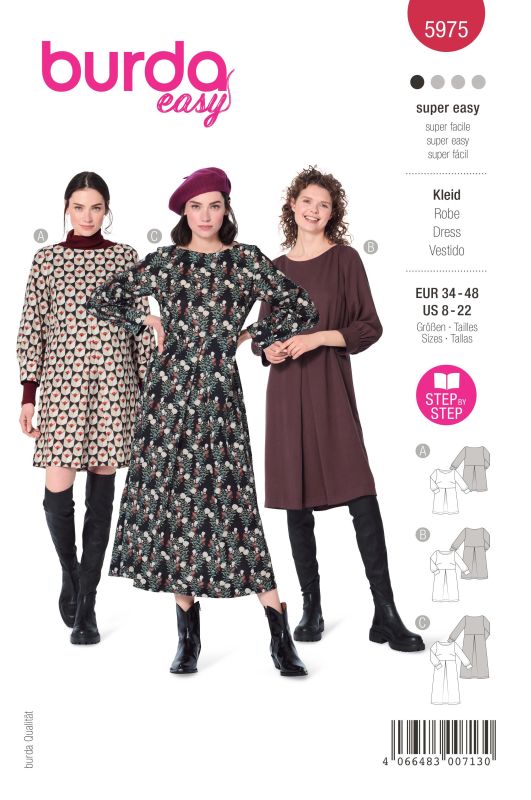 Schnittmuster Kleid mit U-Boot-Ausschnitt und Bündchenärmeln Burda 5975