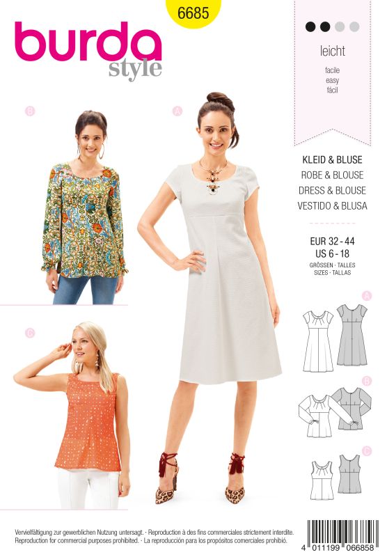 Schnittmuster Kleid, Bluse Burda 6685