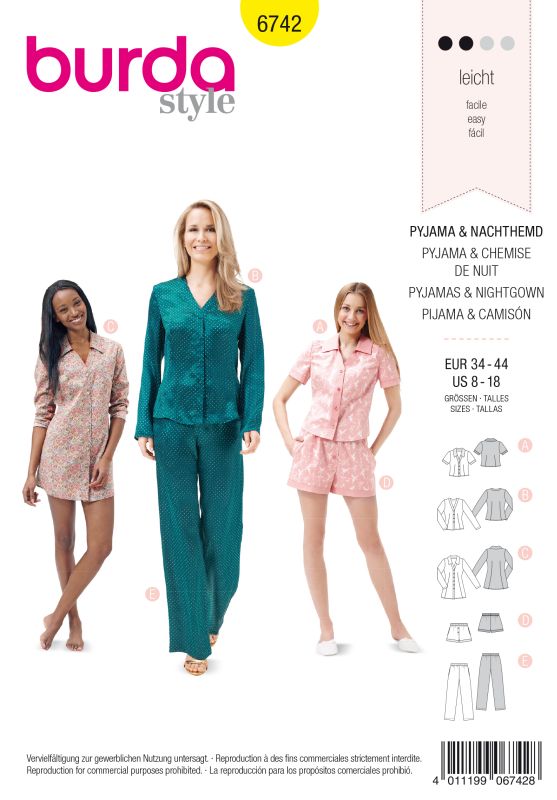 Schnittmuster Pyjama & Nachthemd Burda 6742
