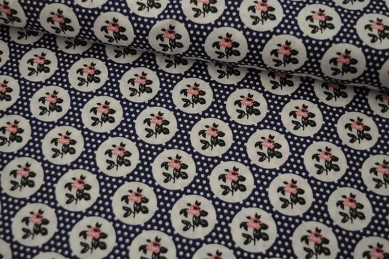 Baumwolle Popeline Rosen/Kreise blau