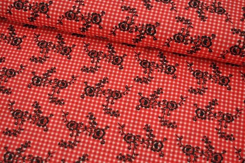 Baumwolle Popeline Blumen/Karo Rot