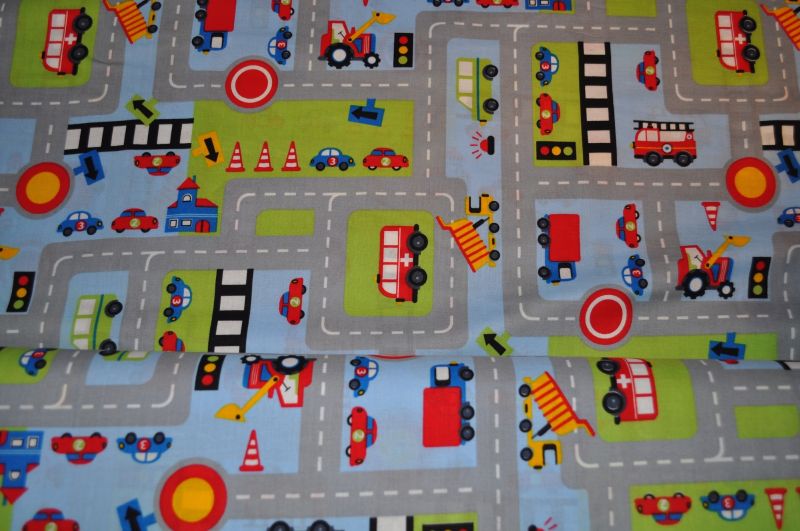 Baumwolle blau mit fahrzeugen und straßen