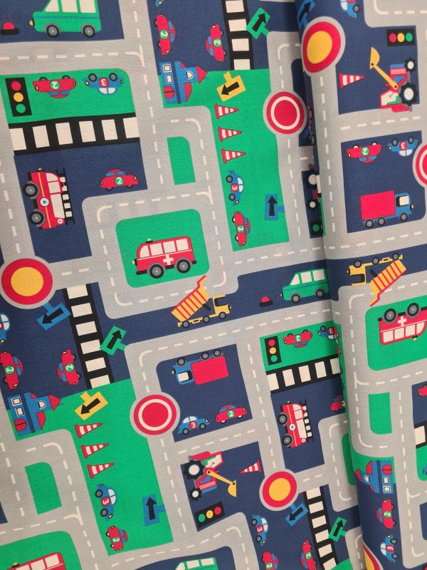 Baumwolle dunkelblau mit fahrzeugen und straßen