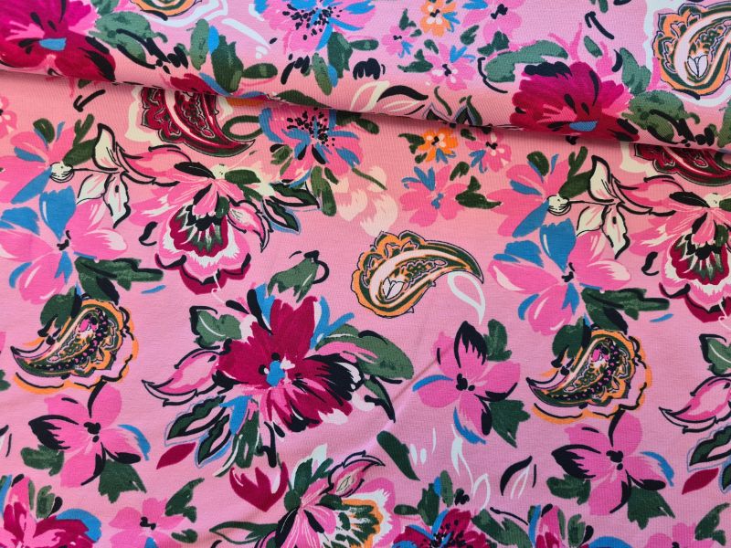 Jersey Blumen und Paysley Rosa/Grün