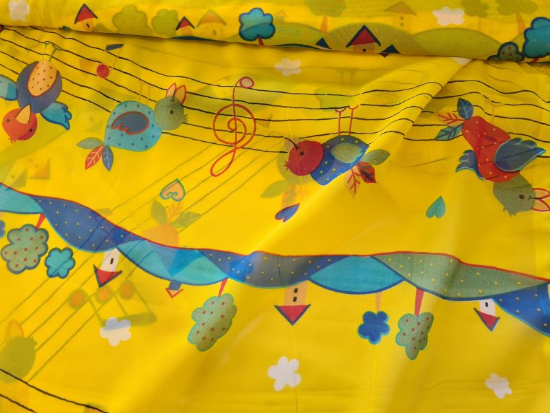 Polyester Chiffon Gardine für Kinder Vögel und Noten Gelb