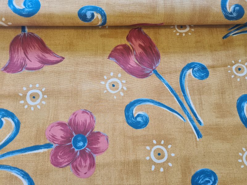 Dekostoff Große Tulpen und Sonnen Ocker