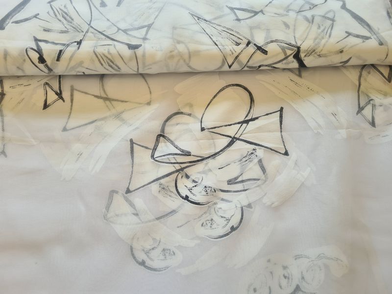 Polyster Gardine 3 Weiß mit Grafiti mit Gewicht 250 cm breit