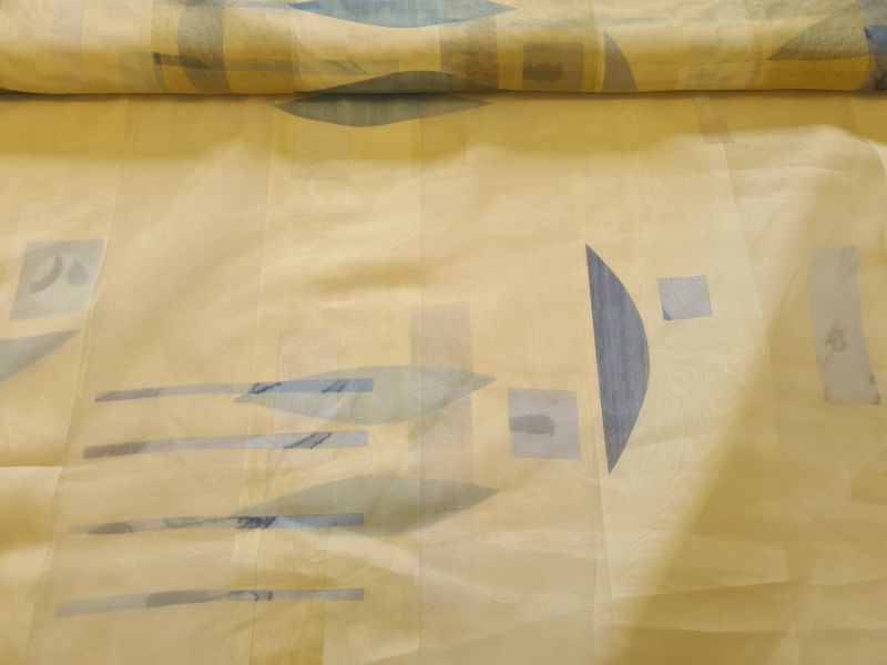 Gardinenstoff Chiffon 15 Grafik Creme Blau