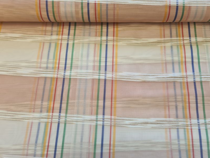 Gardinenstoff Chiffon 18 Karos und Streifen Creme Bunt