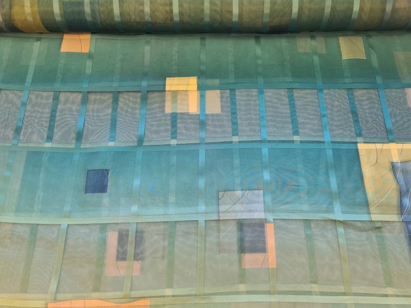 Gardinenstoff Chiffon 27 Blau Grün Linenkarro