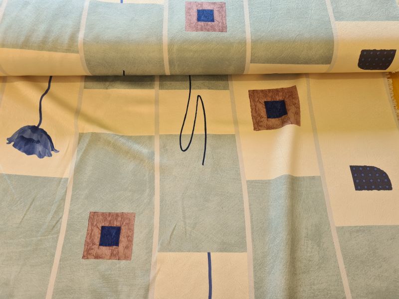 Dekostoff Gardine gecrusht mint mit blauem Mohn