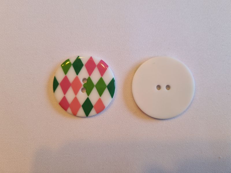 Knopf 35mm 2-Loch Polyester Rauten Muster Grün Pink