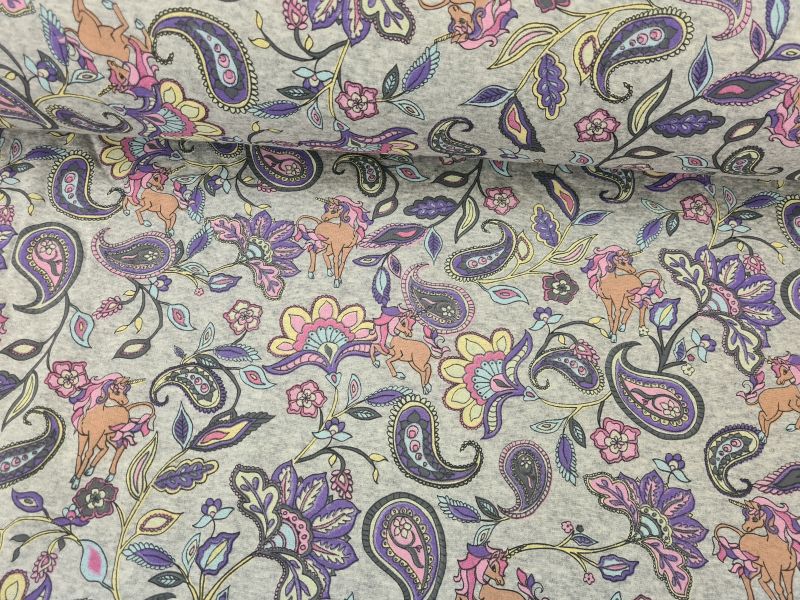 Alpensweat Paisley und Einhörner grau