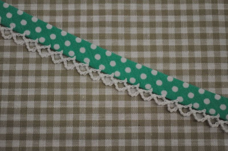 Schrägband Punkte mit Häkelborte mint