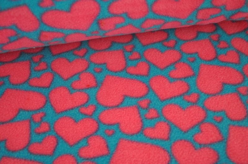 Fleece Herzen türkis/pink