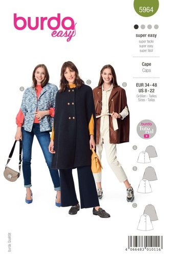 Schnittmuster Cape – mit Ärmelschlitzen und kleinem Kragen Burda 5964