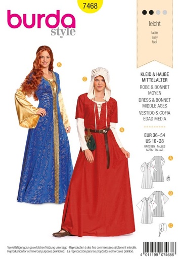 Schnittmuster Kleid+Haube Mittelalter Burda 7468