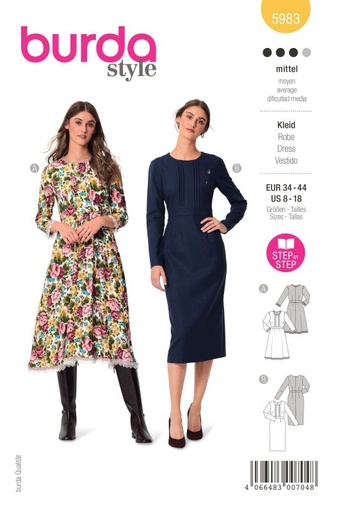 Schnittmuster Kleid mit Taillenbund und weitem oder engem Rock Burda 5983