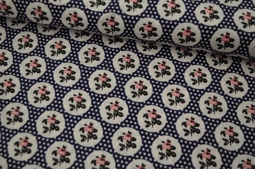 Baumwolle Popeline Rosen/Kreise blau
