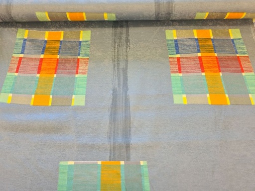 Dekostoff Vierecke und Streifen grau/bunt