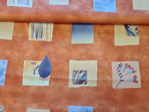 Dekostoff Orange mit Quadraten Blättern Streifen